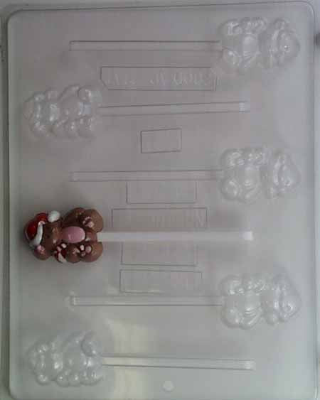 Chocolate// Candy Mold, Lollipop - Christmas, Small Cute Christmas Bear Holding Candy Cane