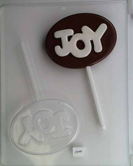 Chocolate// Candy Mold, Lollipop - Holiday, "Joy" in Bubble Letters on Oval