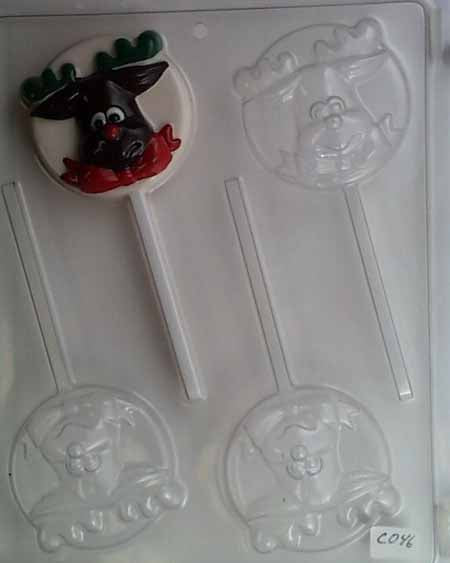 Chocolate// Candy Mold, Lollipop -Holiday, Reindeer Face with Bow on Round