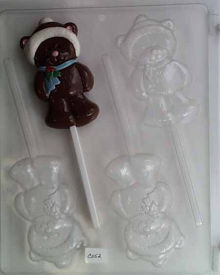 Chocolate// Candy Mold, Lollipop - Holiday, Bear with Holly Scarf