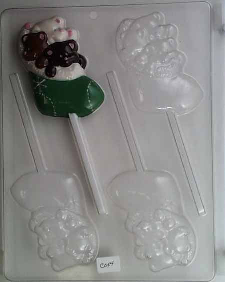 Chocolate// Candy Mold, Lollipop - Christmas, Three Cute Bears Stuffed in Christmas Stocking