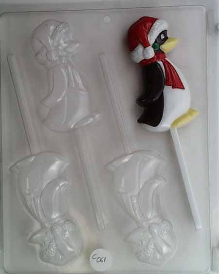 Chocolate// Candy Mold, Lollipop - Holiday, Penguin with Scarf and Santa Hat