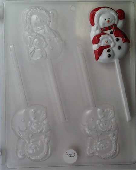 Chocolate// Candy Mold, Lollipop - Holiday, Waving Snowmen with Scarf and Santa Hat