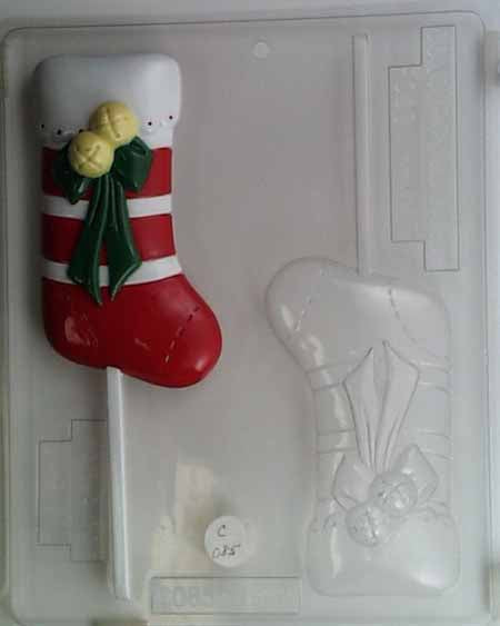 Chocolate// Candy Mold, Lollipop - Christmas, Medium-Large Christmas Stocking Decorated with Bow and Bells