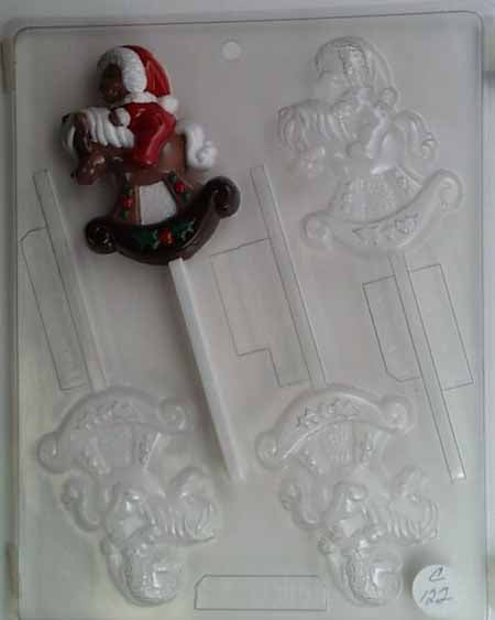 Chocolate// Candy Mold, Lollipop - Holiday, Christmas Bear with Santa Cap on Rocking Horse
