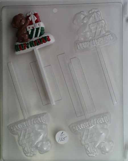 Chocolate// Candy Mold, Lollipop - Holiday, "Happy Holidays" with Bear and Presents