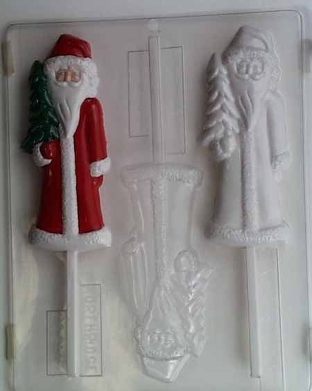 Chocolate// Candy Mold, Lollipop - Christmas, Elongated Old-Fashioned Santa Holding Small Christmas Tree