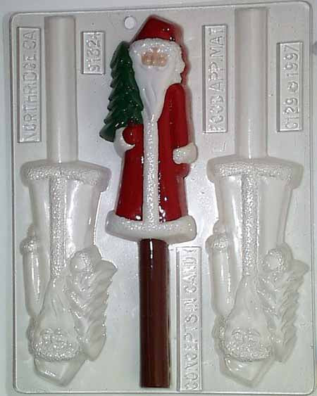 Chocolate// Candy Mold, Pretzel - Christmas, Elongated Old-Fashioned Santa Clause Holding a Small Christmas Tree Pretzel Rod