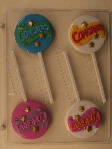 Chocolate// Candy Mold, Lollipop - Any Occasion, "Congrats" on a Scroll with Stars on Round