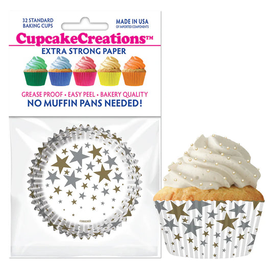 Cupcake Creations // Cupcake Liners "Silver & Gold Stars" 2" Base x 1 3/8 " Wall