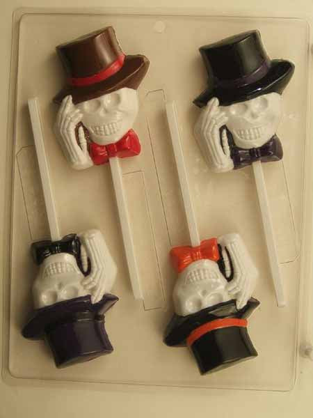 Chocolate// Candy Mold, Lollipop - Halloween, Skeleton Head with a Bow Tie, Tipping Top Hat