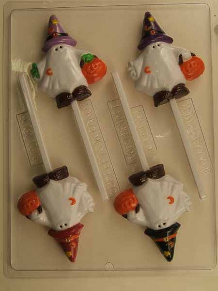 Chocolate// Candy Mold, Lollipop - Halloween, Ghost with a Pumpkin Wearing a Witches Hat