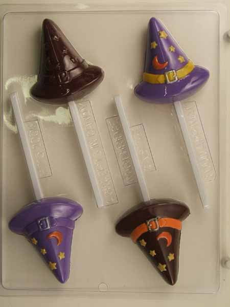 Chocolate// Candy Mold, Lollipop - Halloween, Witch's Hat with Stars &amp; Crescent Moon Buckle