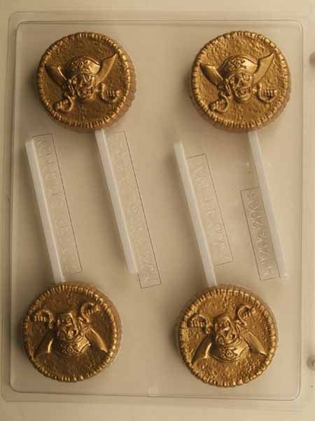 Chocolate// Candy Mold, Lollipop - Halloween, Pirate Coin with Skulls and Daggers