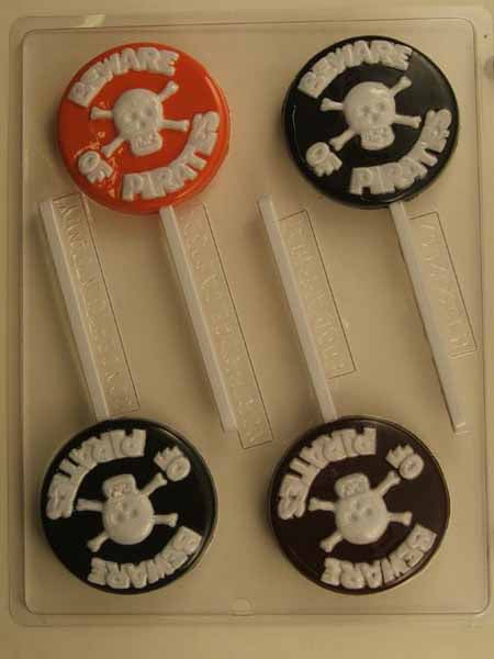 Chocolate// Candy Mold, Lollipop - Halloween, Beware of Pirates with Skull & Crossbones on Round