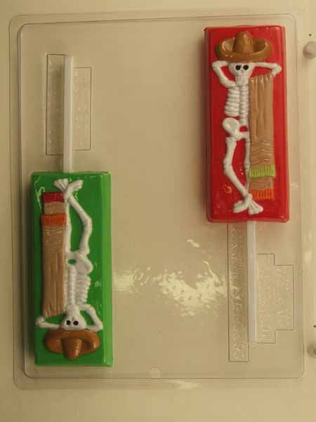 Chocolate// Candy Mold, Lollipop - Halloween, Skeleton with Serape and Sombrero on Rectangle