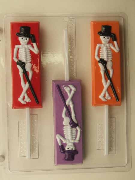 Chocolate// Candy Mold, Lollipop - Halloween, Skeleton with Top-hat, Cane and Gloves on Rectangle