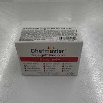 Box of Chefmaster liquid gel food color on a white surface