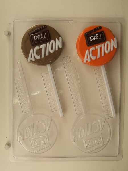 Chocolate// Candy Mold, Lollipop - Hollywood, Clapboard with "Take" and "Action" on Round
