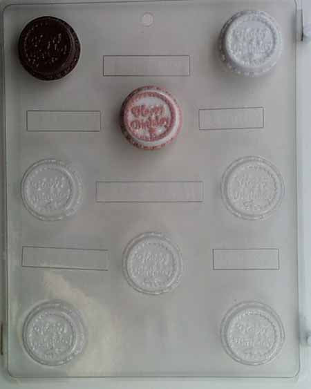 Chocolate// Candy Mold, Lollipop - Birthday, "Happy Birthday" on Round with Flowers