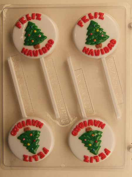 Chocolate// Candy Mold, Lollipop - Christmas, Christmas Tree with "Feliz Navidad" on Round